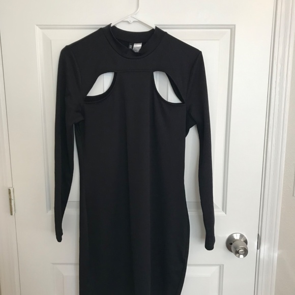 Christmas H&M Divided Ribbed Cut-Out Long Sleeve Midi Dress Size L Black - Picture 3 of 9